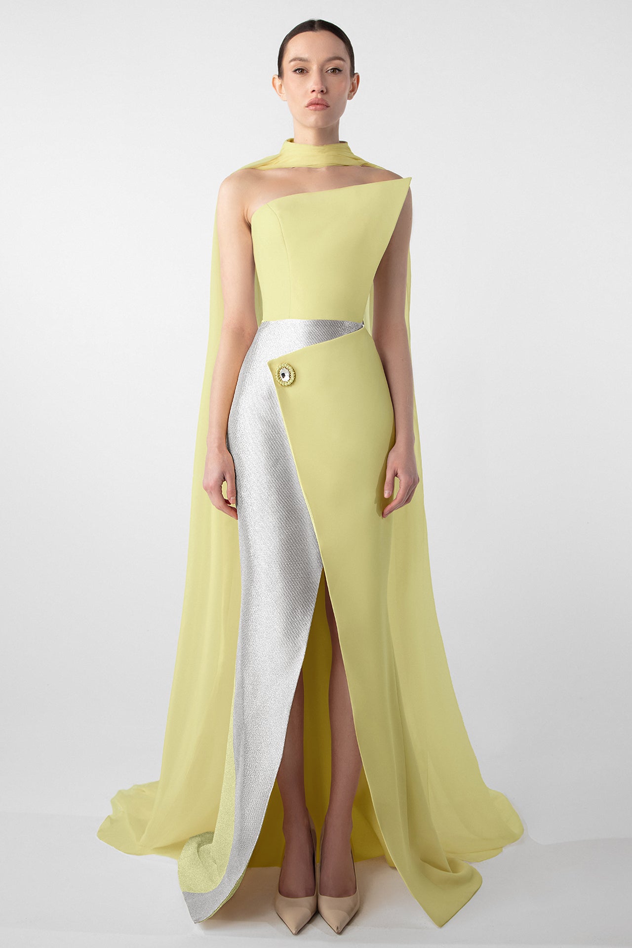 Asymmetrical Dress with Gold Accents and Chiffon Cape