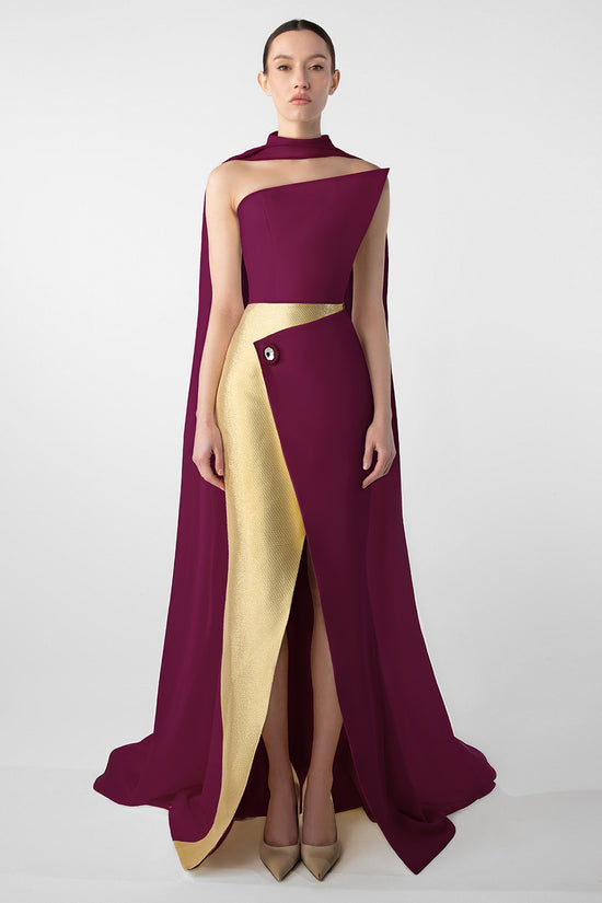 Asymmetrical Dress with Gold Accents and Chiffon Cape