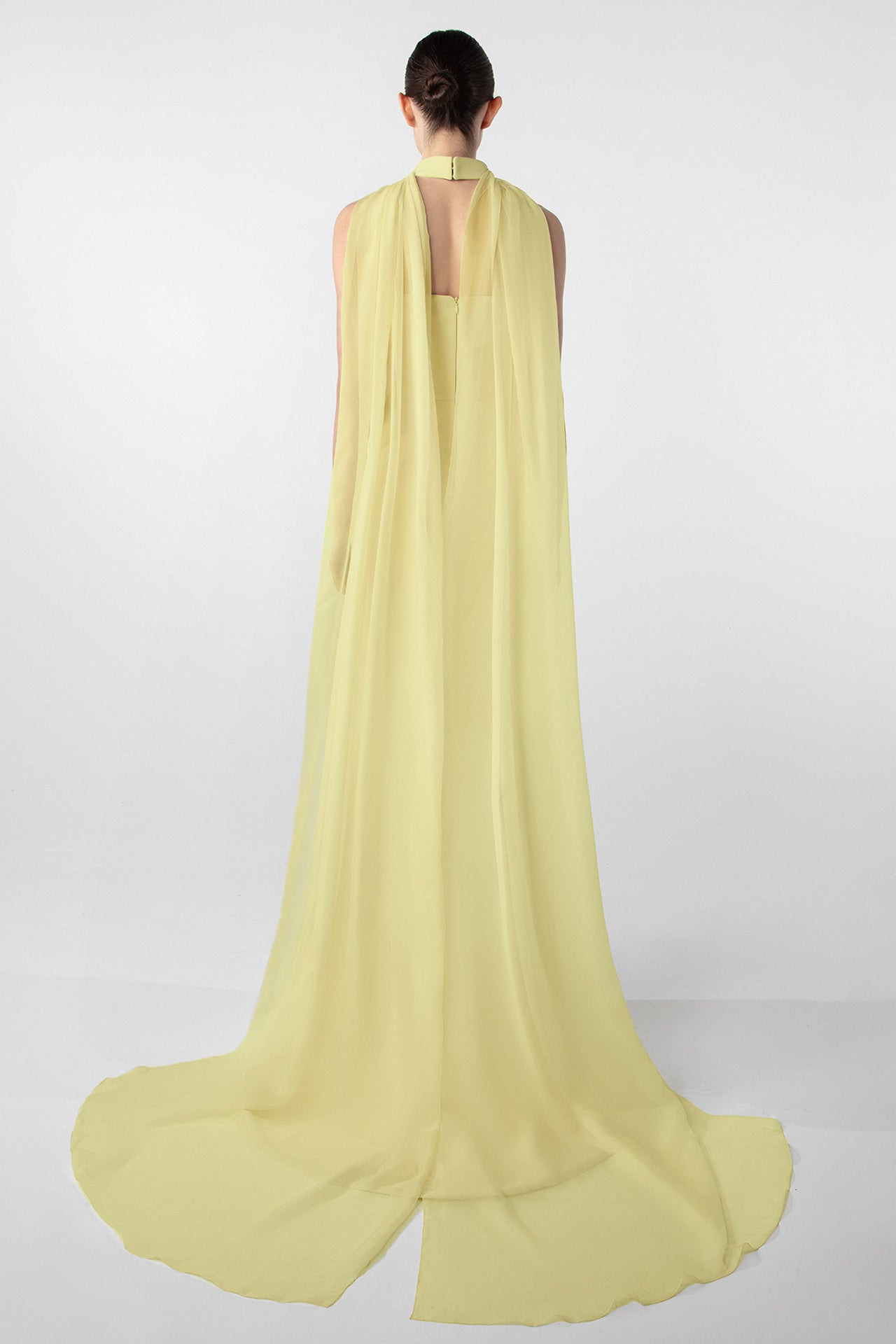 Asymmetrical Dress with Gold Accents and Chiffon Cape