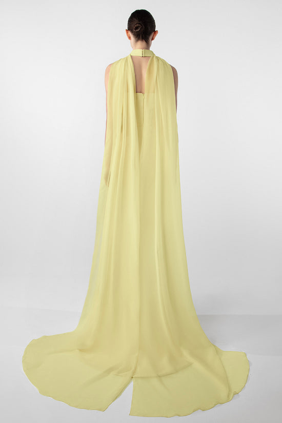 Asymmetrical Dress with Gold Accents and Chiffon Cape