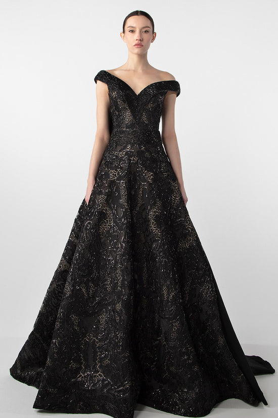 V-Neck Gown with Embroidered Bodice and Oversized Bow