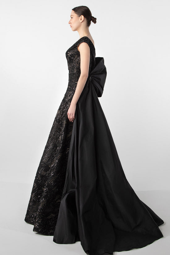V-Neck Gown with Embroidered Bodice and Oversized Bow