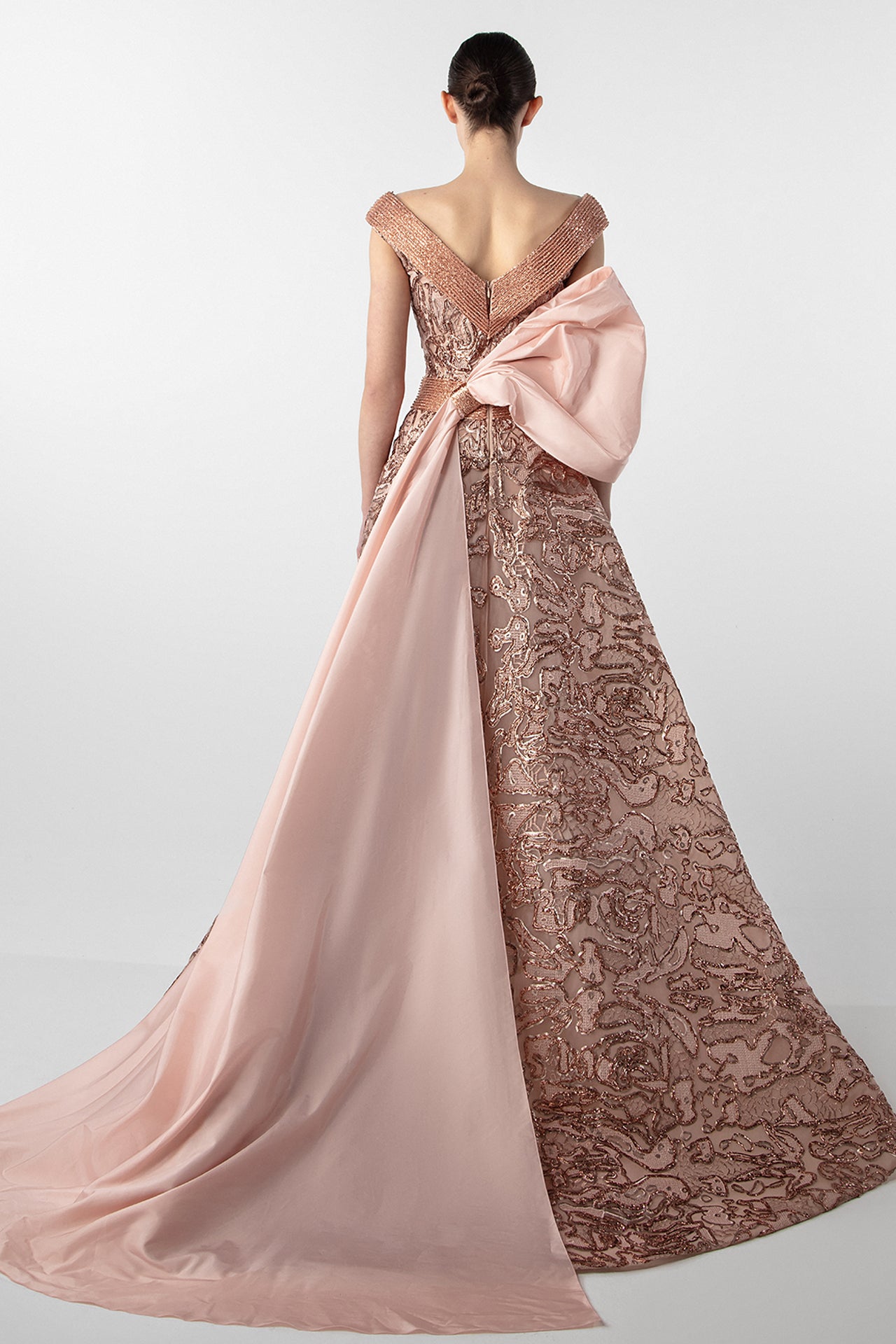 V-Neck Gown with Embroidered Bodice and Oversized Bow