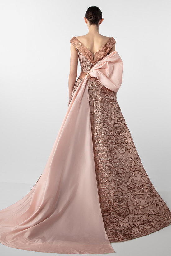 V-Neck Gown with Embroidered Bodice and Oversized Bow