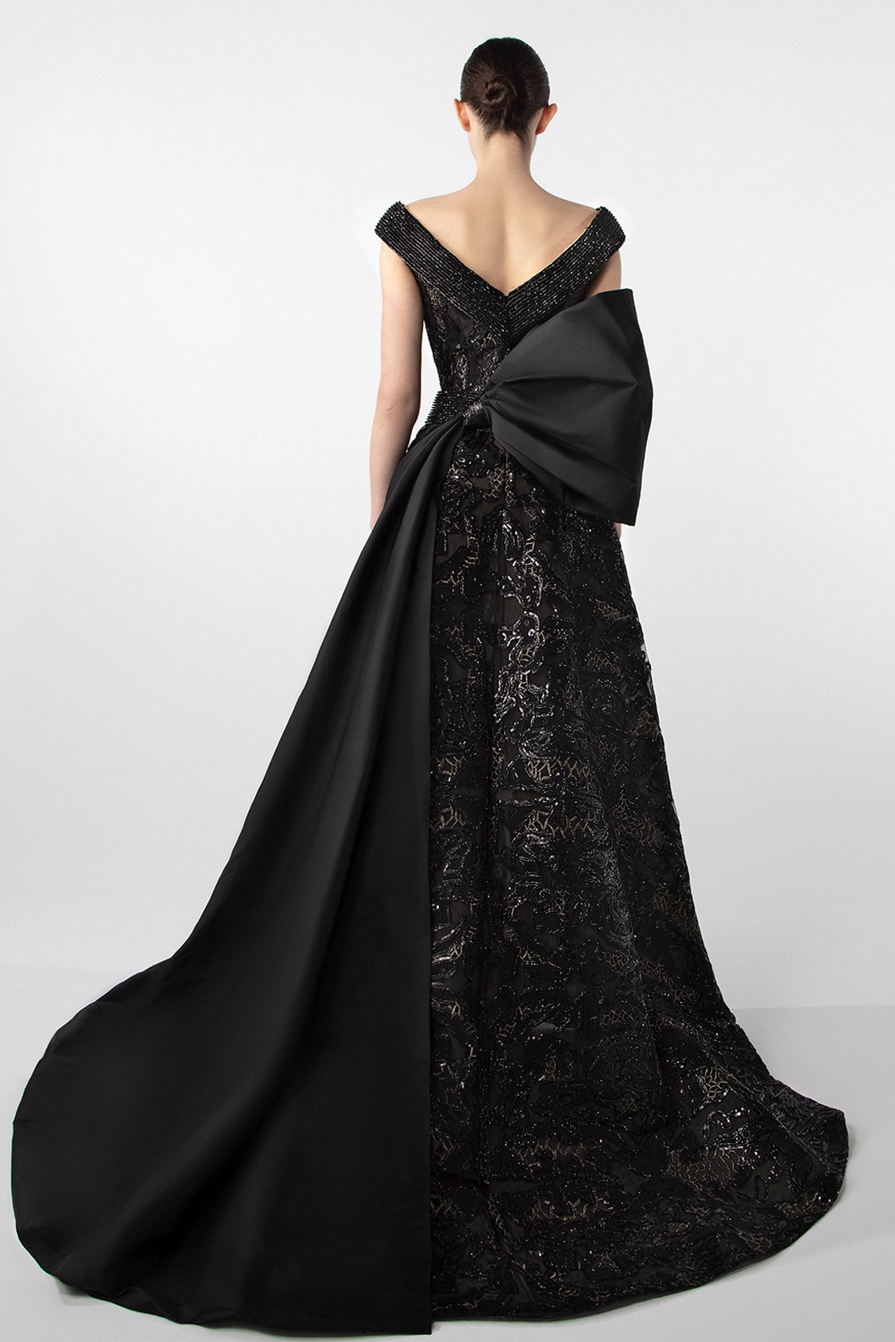 V-Neck Gown with Embroidered Bodice and Oversized Bow