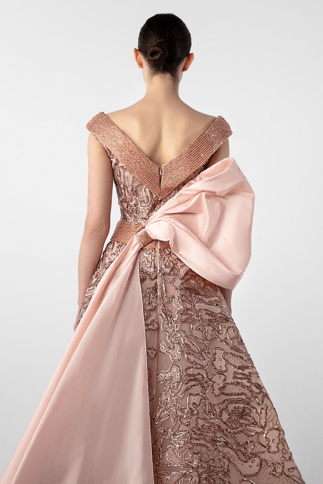 V-Neck Gown with Embroidered Bodice and Oversized Bow