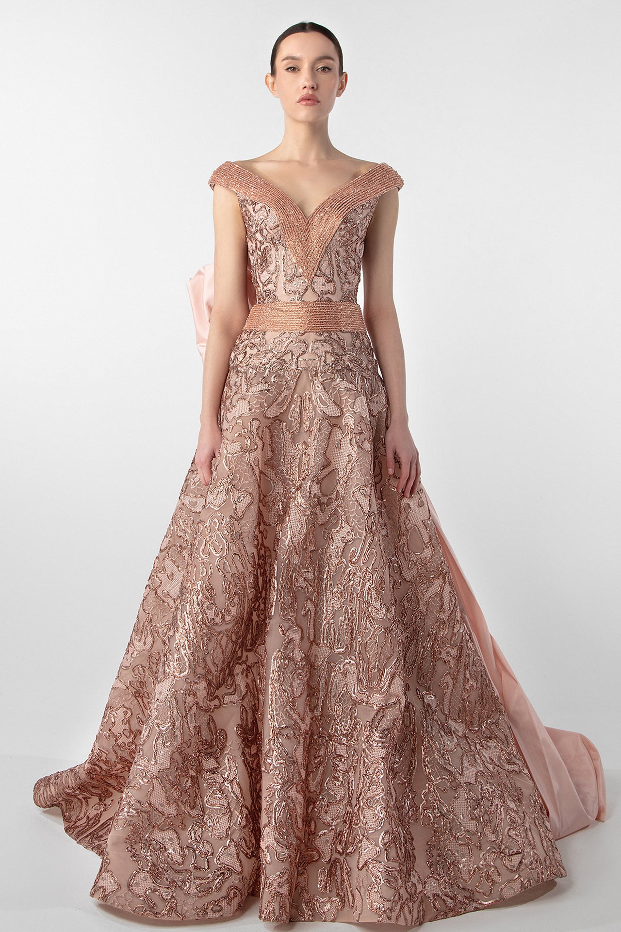 V-Neck Gown with Embroidered Bodice and Oversized Bow