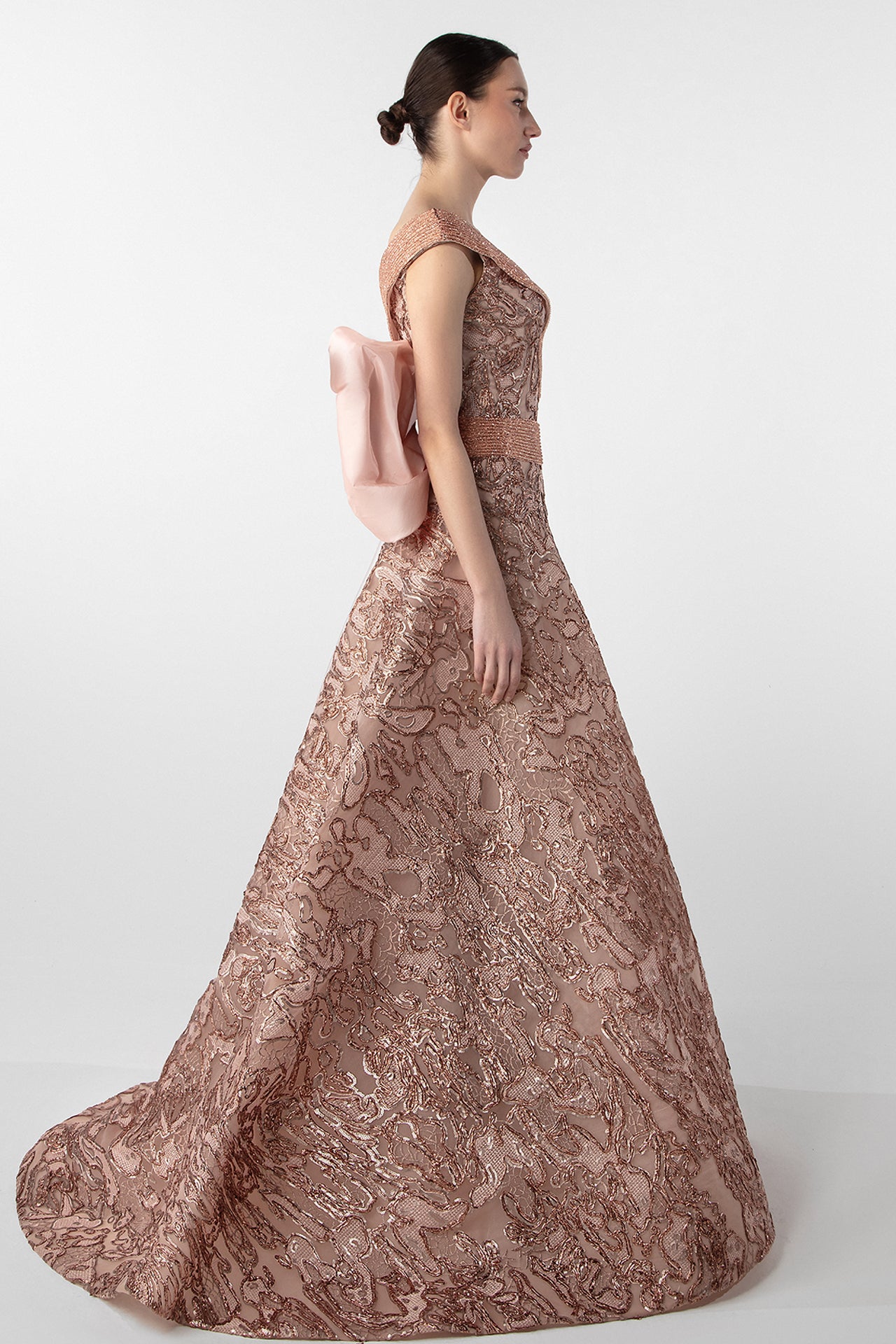 V-Neck Gown with Embroidered Bodice and Oversized Bow