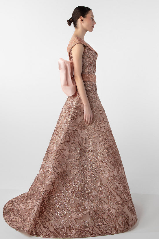 V-Neck Gown with Embroidered Bodice and Oversized Bow