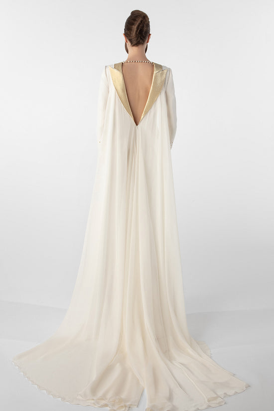 Crepe Dress with Metallic Collar and Chiffon Cape