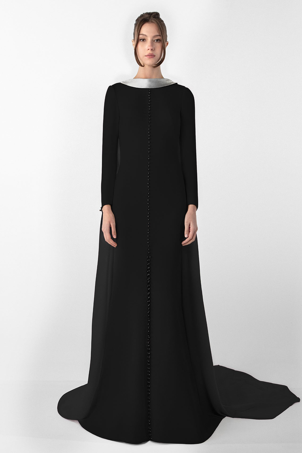 Crepe Dress with Metallic Collar and Chiffon Cape