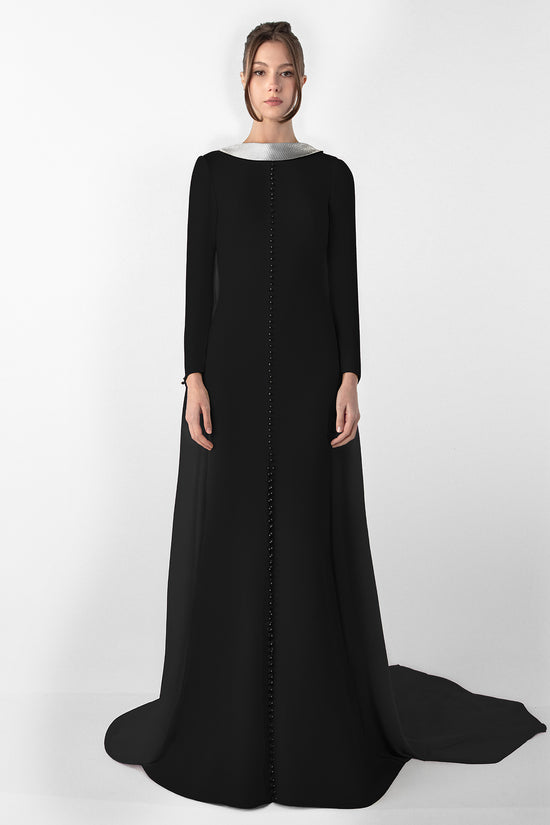 Crepe Dress with Metallic Collar and Chiffon Cape