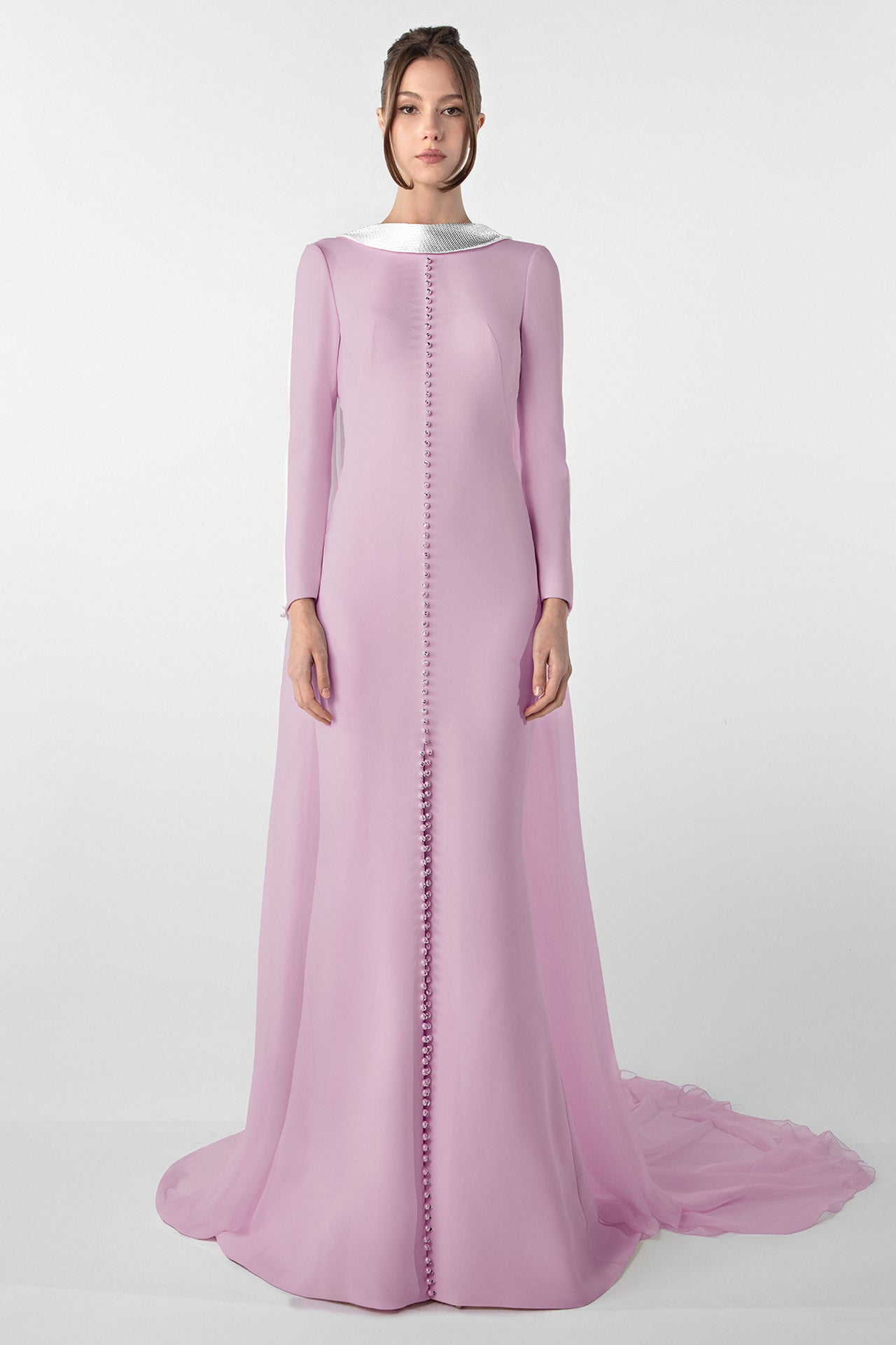Crepe Dress with Metallic Collar and Chiffon Cape