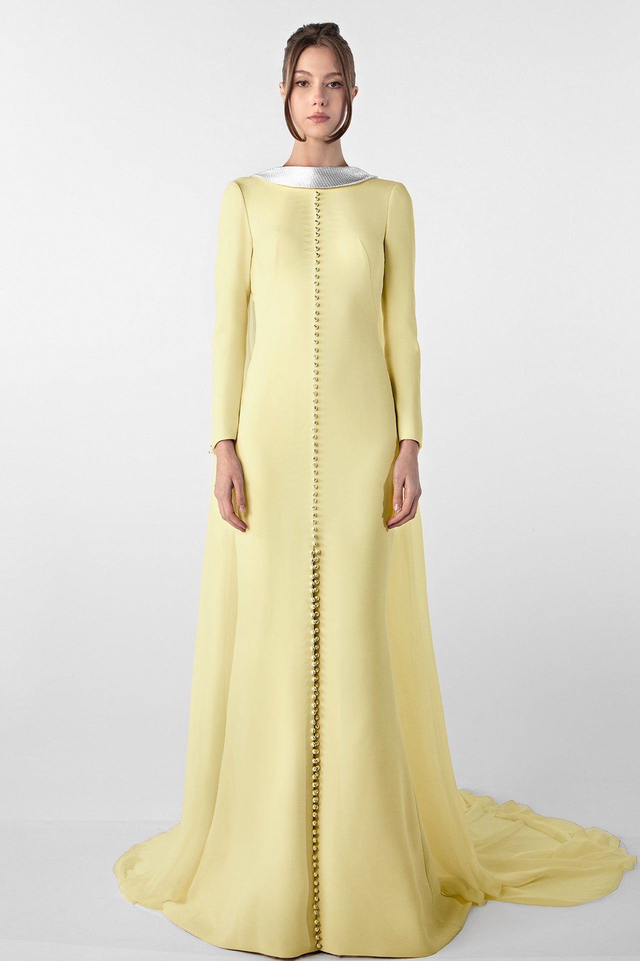 Crepe Dress with Metallic Collar and Chiffon Cape