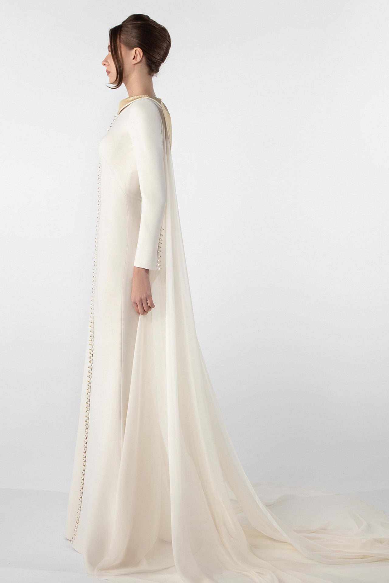 Crepe Dress with Metallic Collar and Chiffon Cape
