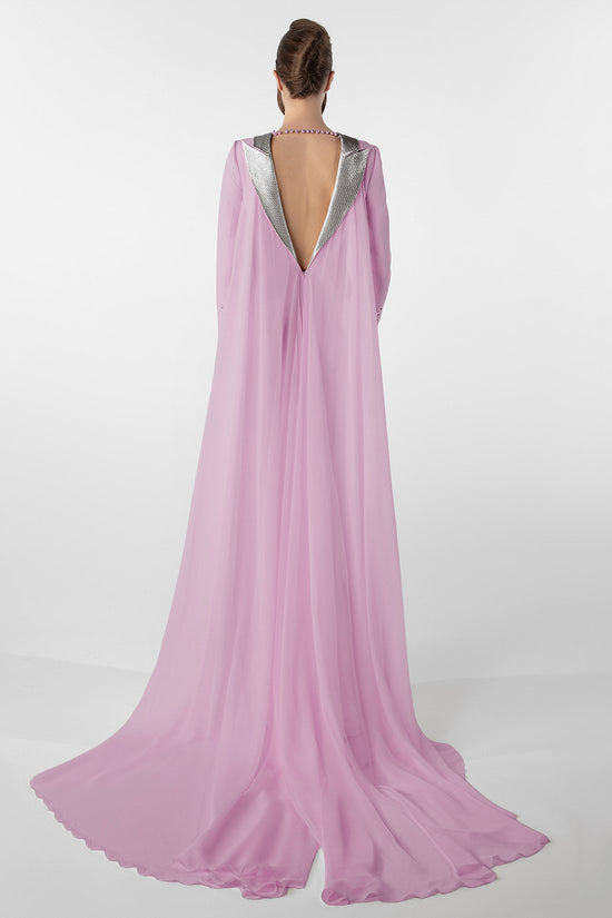 Crepe Dress with Metallic Collar and Chiffon Cape