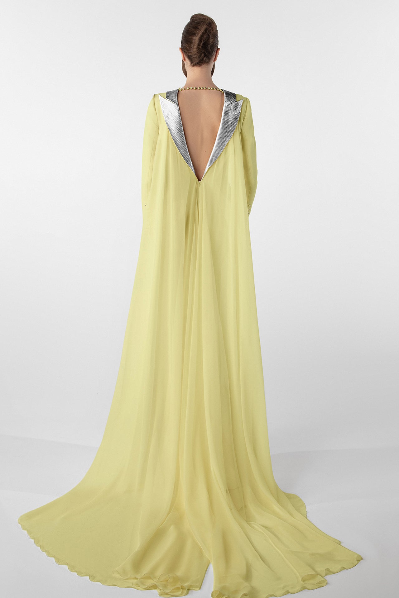 cape dress yellow Final Sale Luxury Beaded Evening with SS570 and a straight skirt. Crepe Dress with Metallic Collar