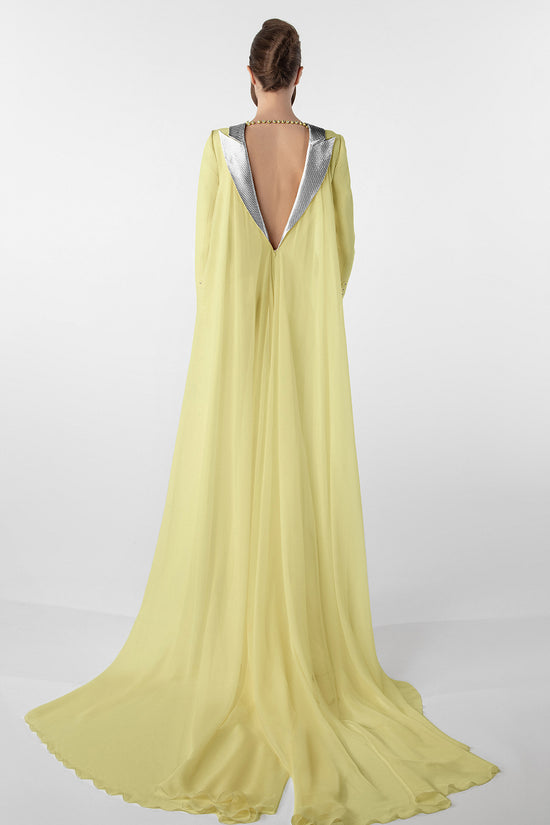 Crepe Dress with Metallic Collar and Chiffon Cape