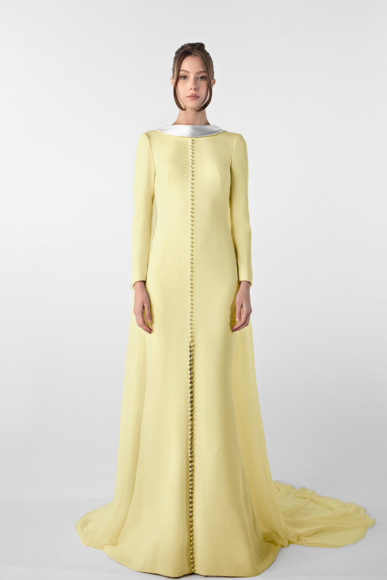 Crepe Dress with Metallic Collar and Chiffon Cape