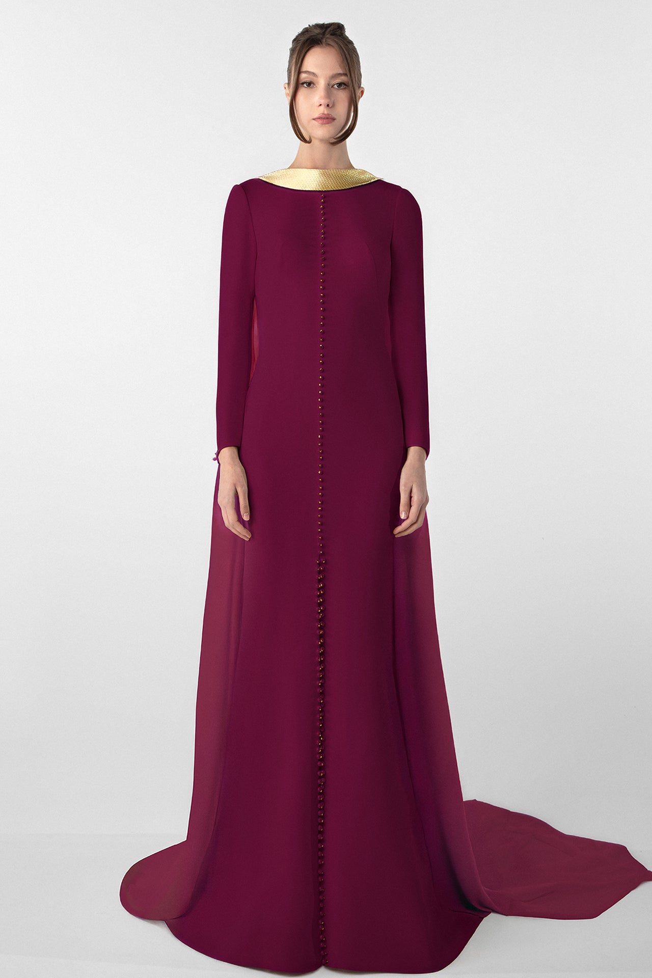 Crepe Dress with Metallic Collar and Chiffon Cape