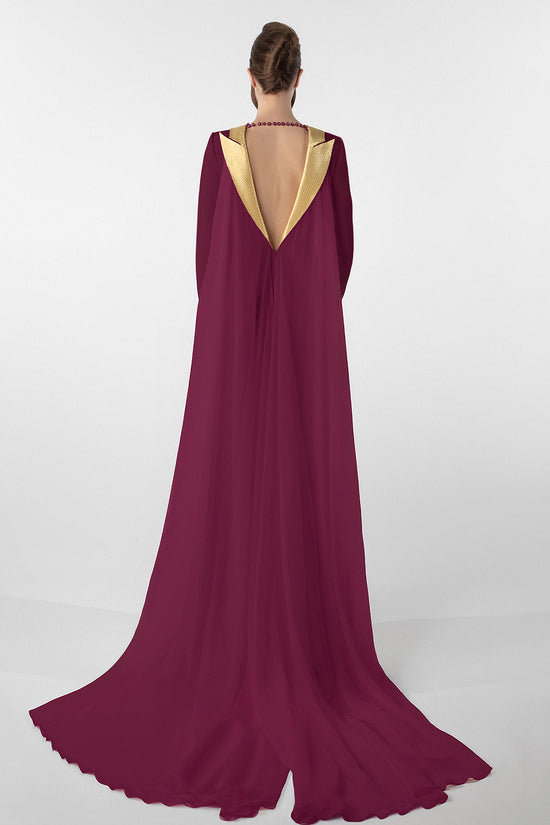 Crepe Dress with Metallic Collar and Chiffon Cape