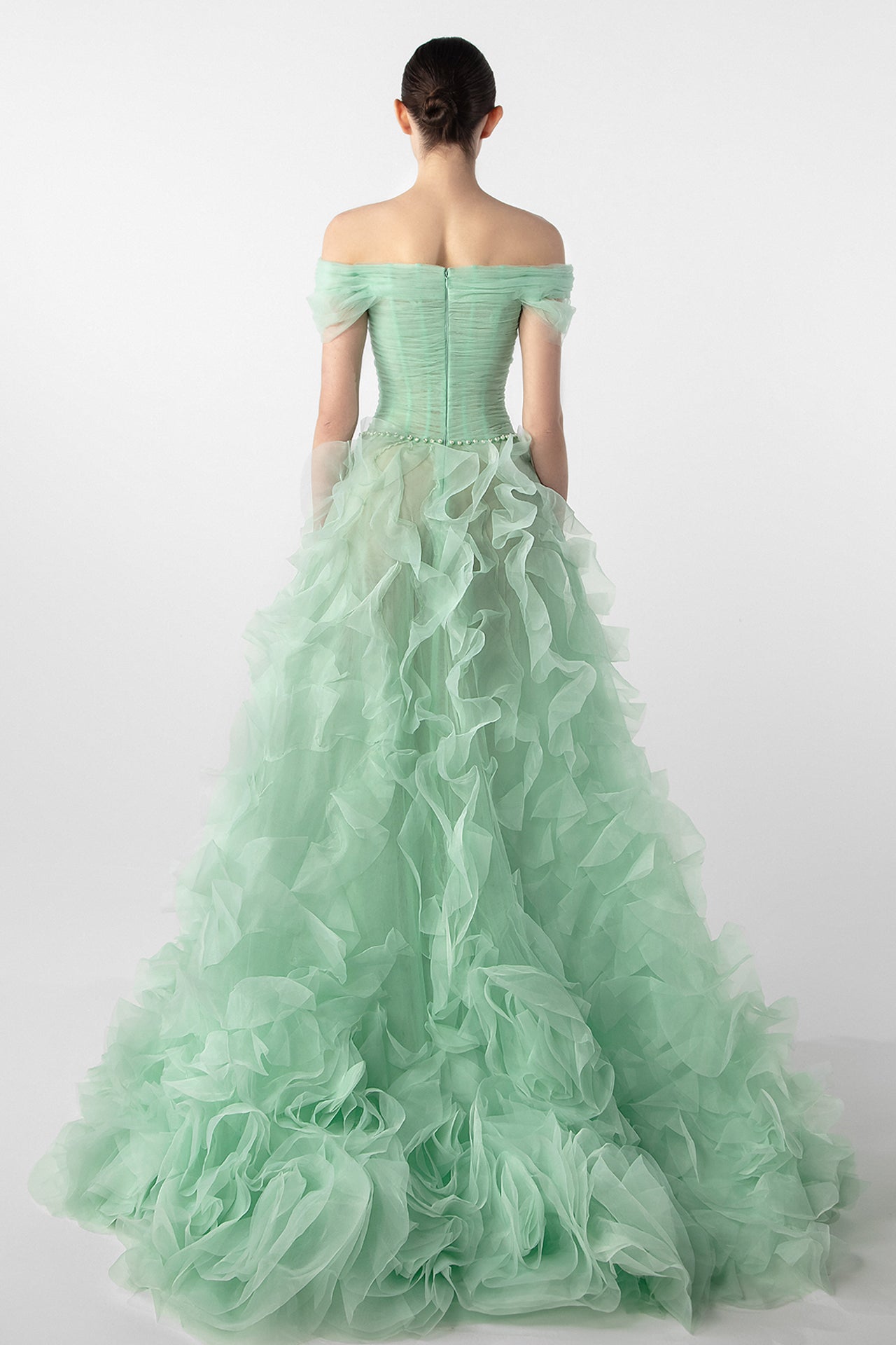 Off-Shoulder Draped Gown with Organza Flowers