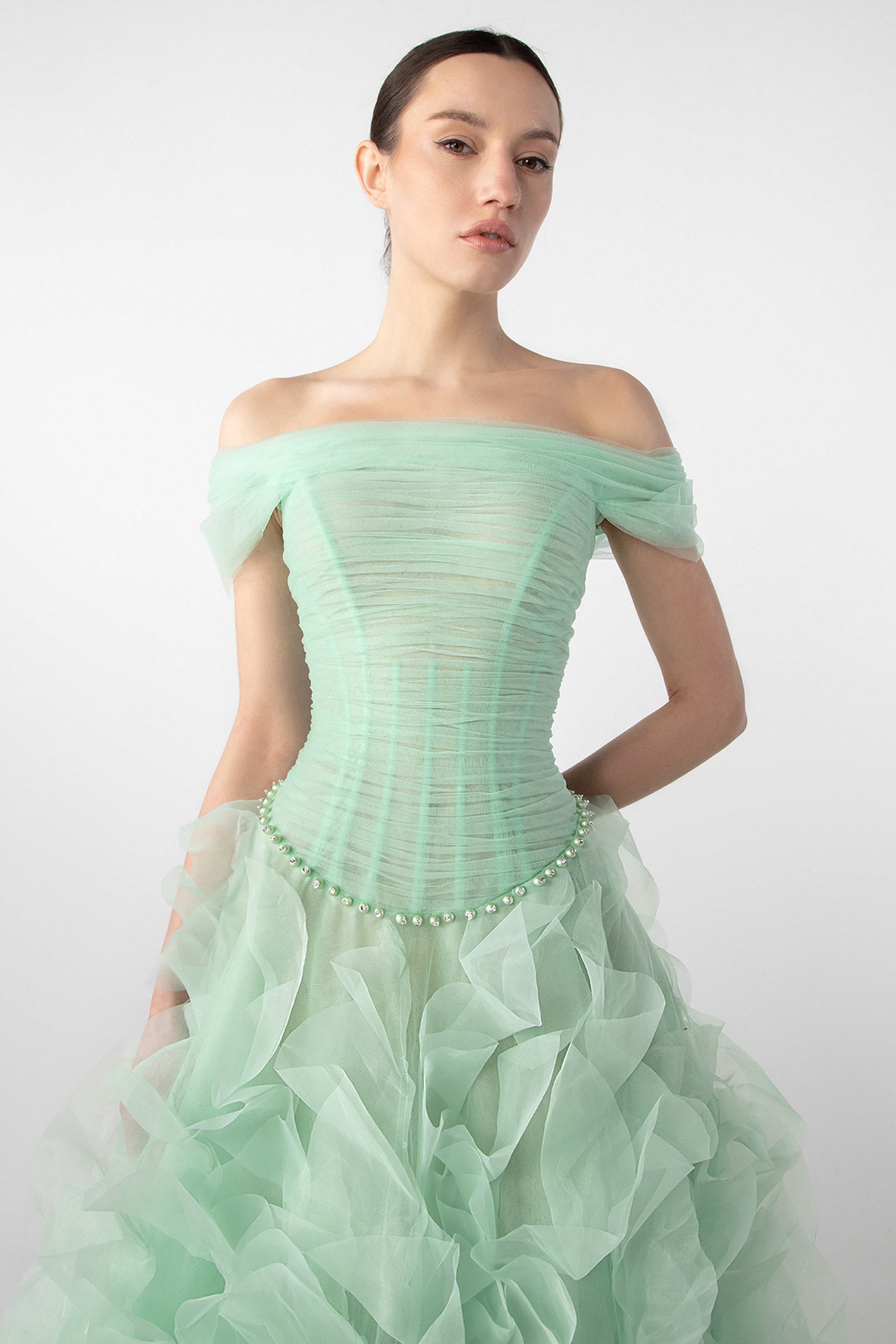 Off-Shoulder Draped Gown with Organza Flowers