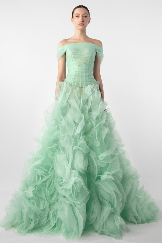Off-Shoulder Draped Gown with Organza Flowers