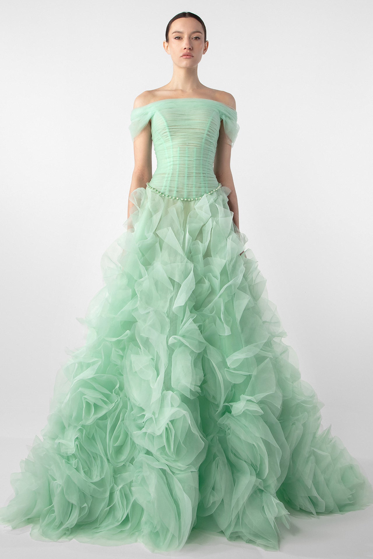 Off-Shoulder Draped Gown with Organza Flowers