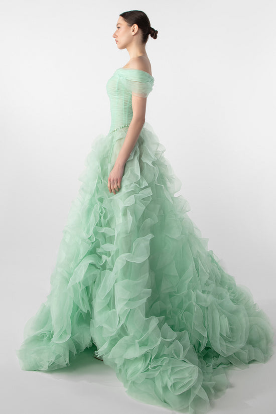 Off-Shoulder Draped Gown with Organza Flowers