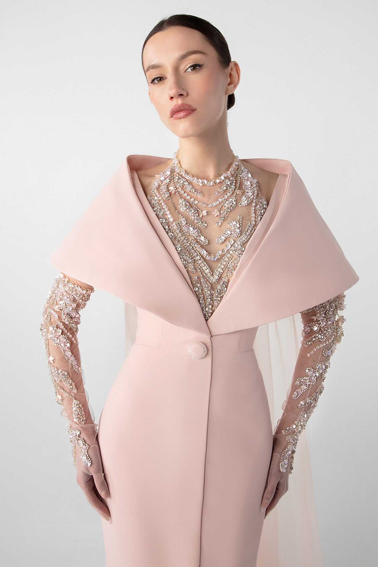 Hand-Embroidered Gloves and Crepe Mermaid Dress