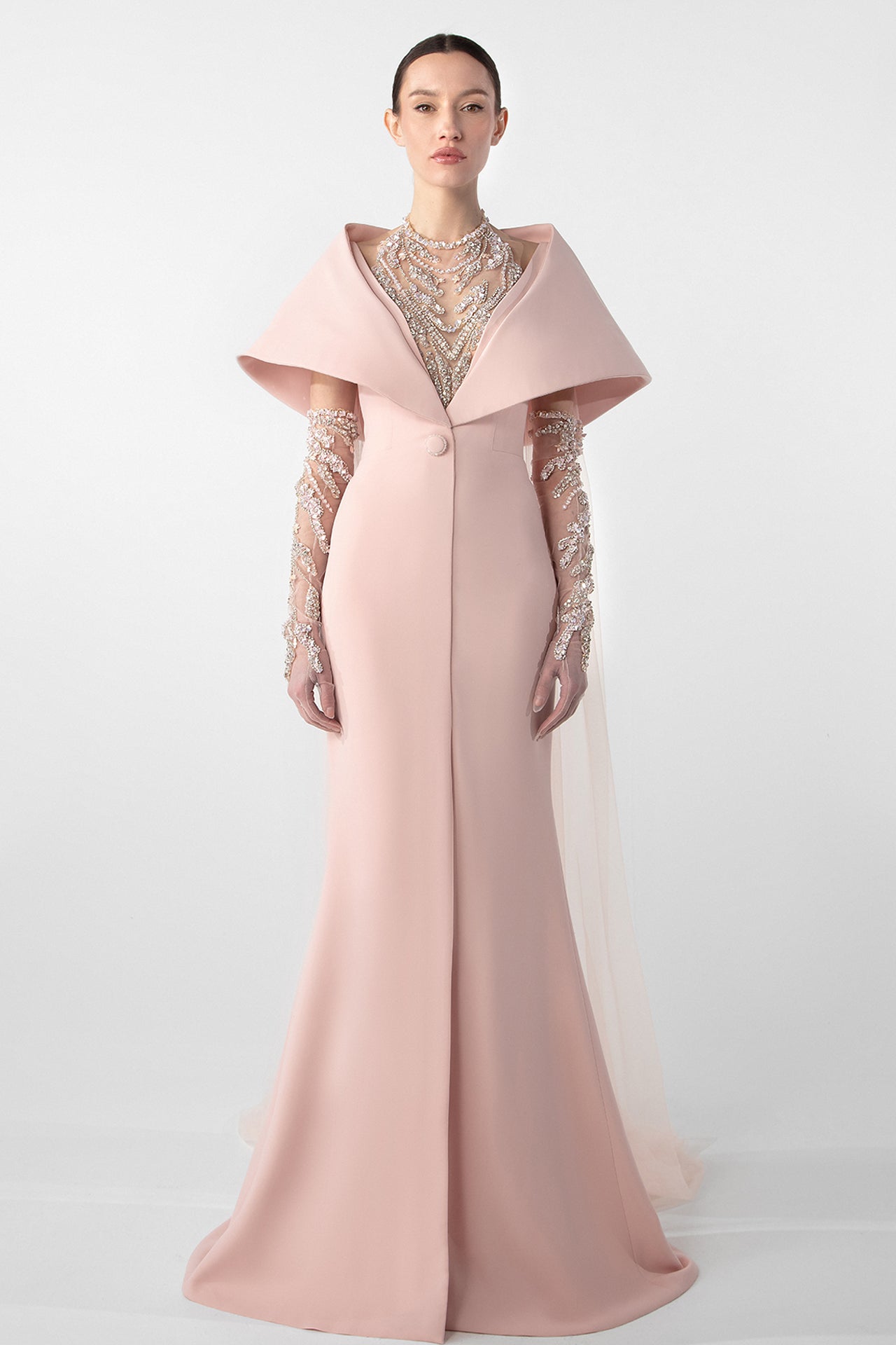 Hand-Embroidered Gloves and Crepe Mermaid Dress