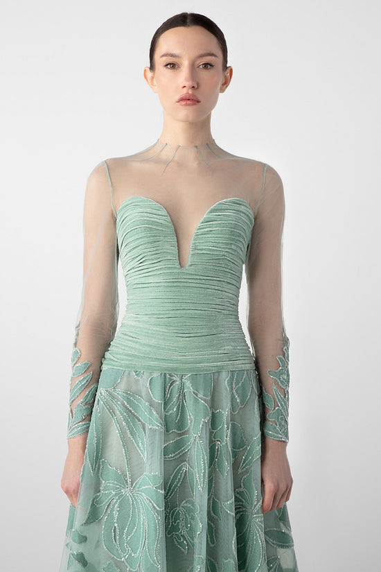 Ruched Bodice Gown with Sheer Embroidery