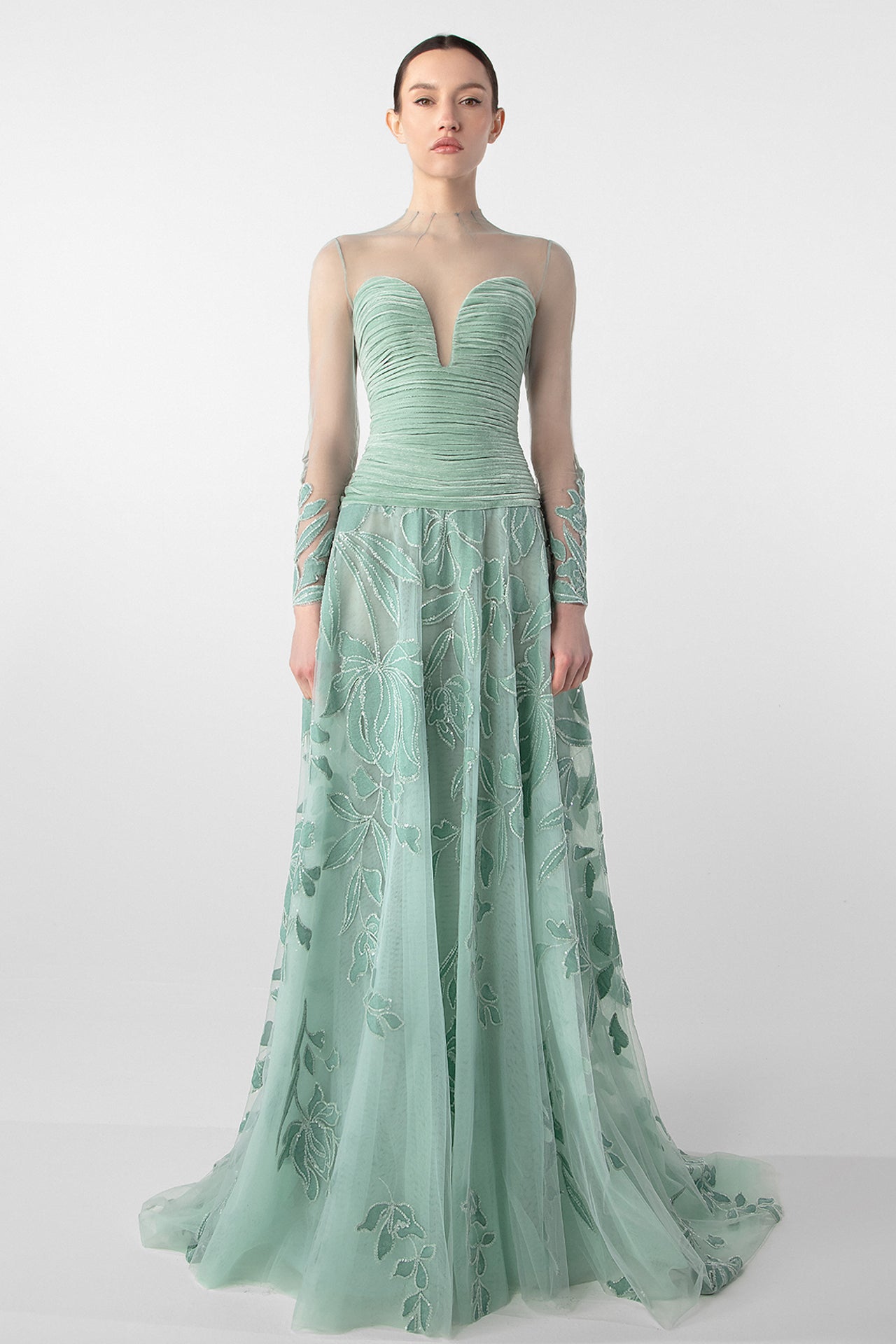 Ruched Bodice Gown with Sheer Embroidery