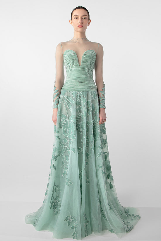 Ruched Bodice Gown with Sheer Embroidery