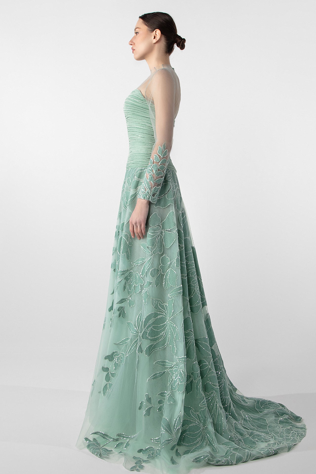 Ruched Bodice Gown with Sheer Embroidery