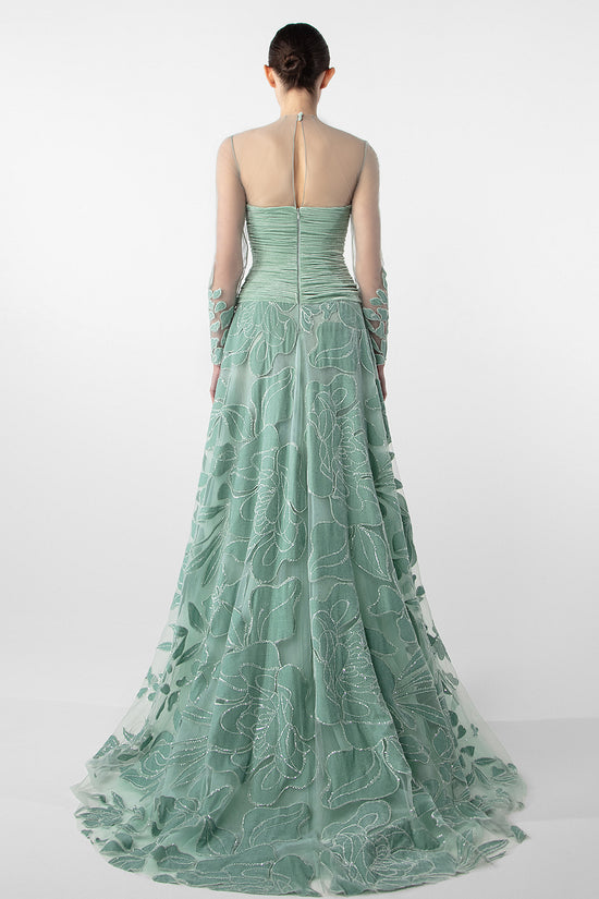 Ruched Bodice Gown with Sheer Embroidery
