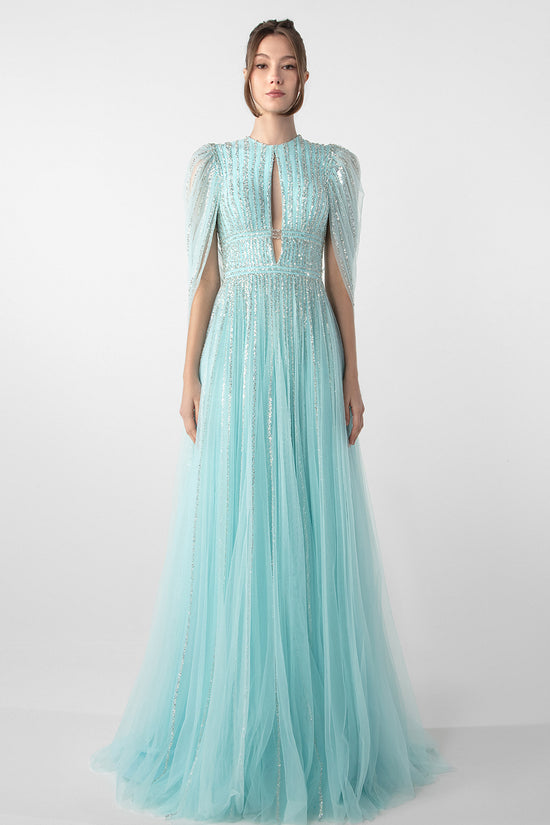 Embroidered Tulle Gown with Draped Bolero