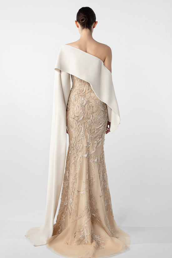 Embroidered Mermaid Dress with Draped Sleeve