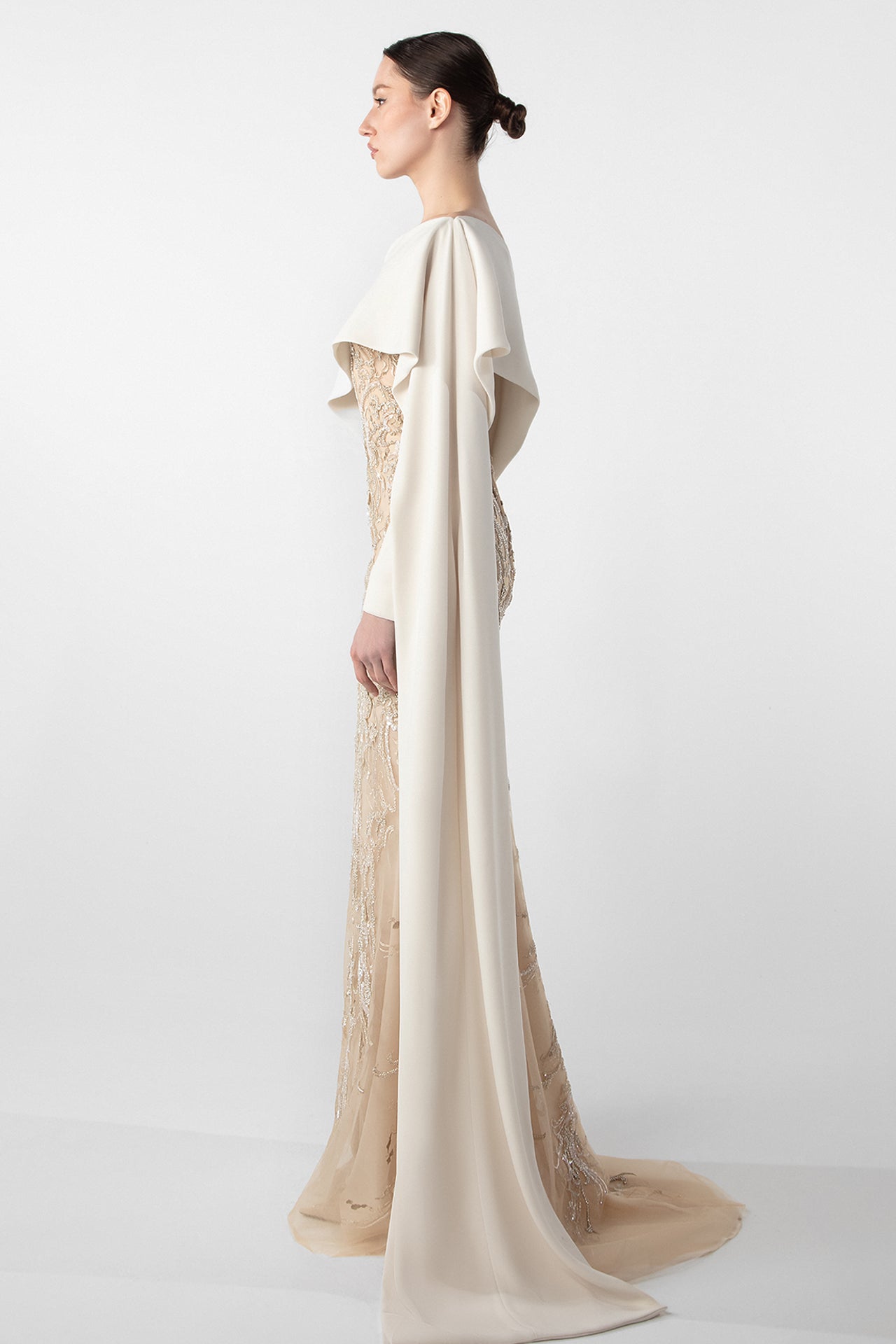 Embroidered Mermaid Dress with Draped Sleeve