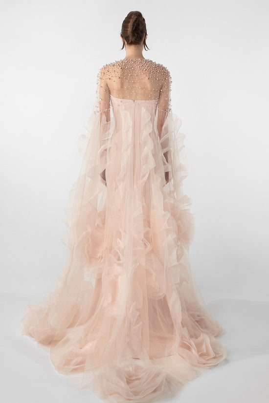 Strapless Dress with Embroidered Cape and Organza Flowers