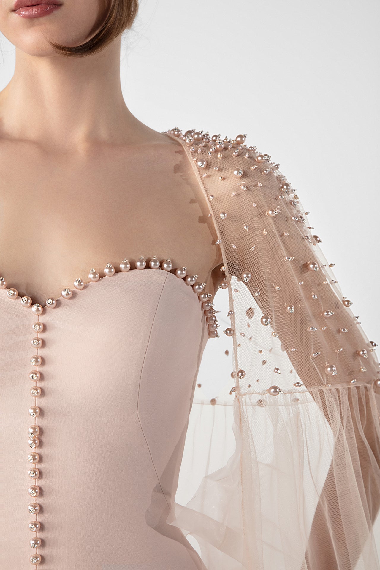 Strapless Dress with Embroidered Cape and Organza Flowers
