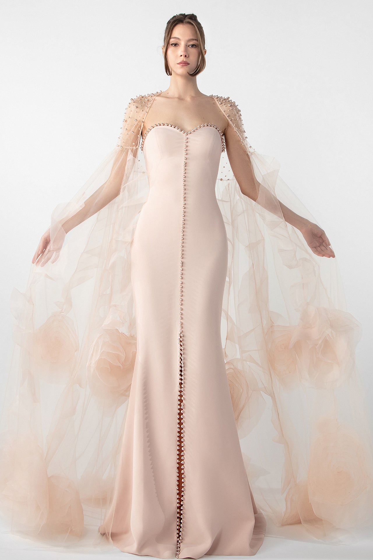 Strapless Dress with Embroidered Cape and Organza Flowers