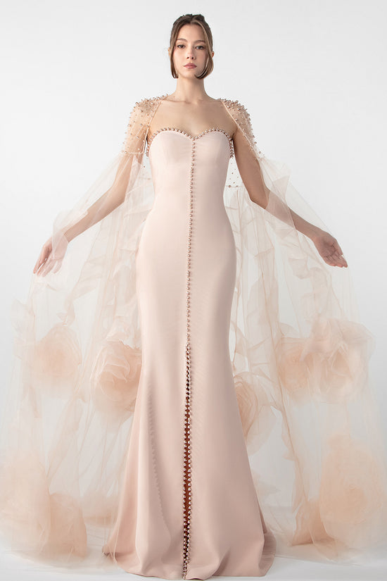 Strapless Dress with Embroidered Cape and Organza Flowers