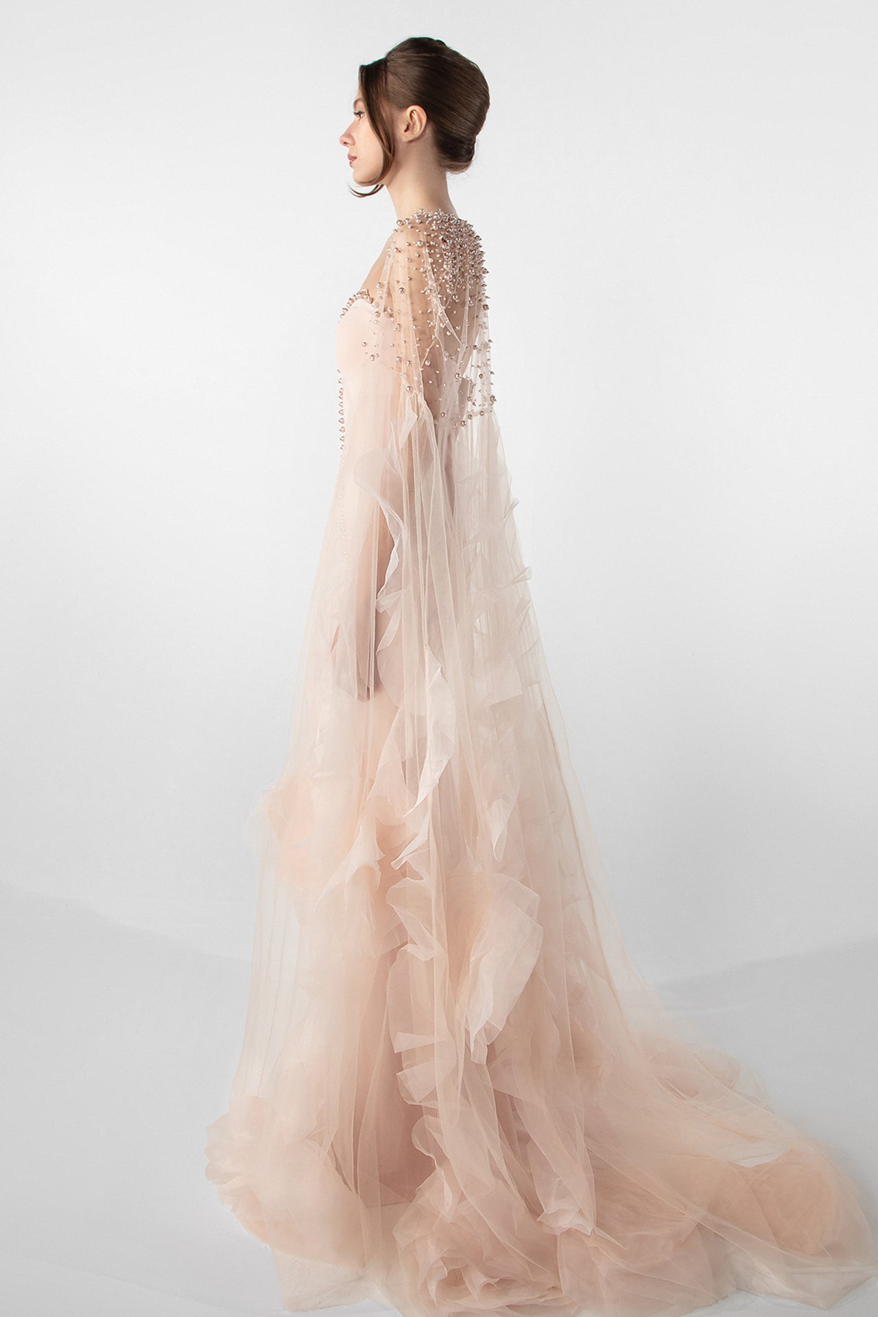 Strapless Dress with Embroidered Cape and Organza Flowers
