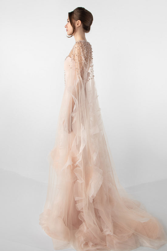 Strapless Dress with Embroidered Cape and Organza Flowers