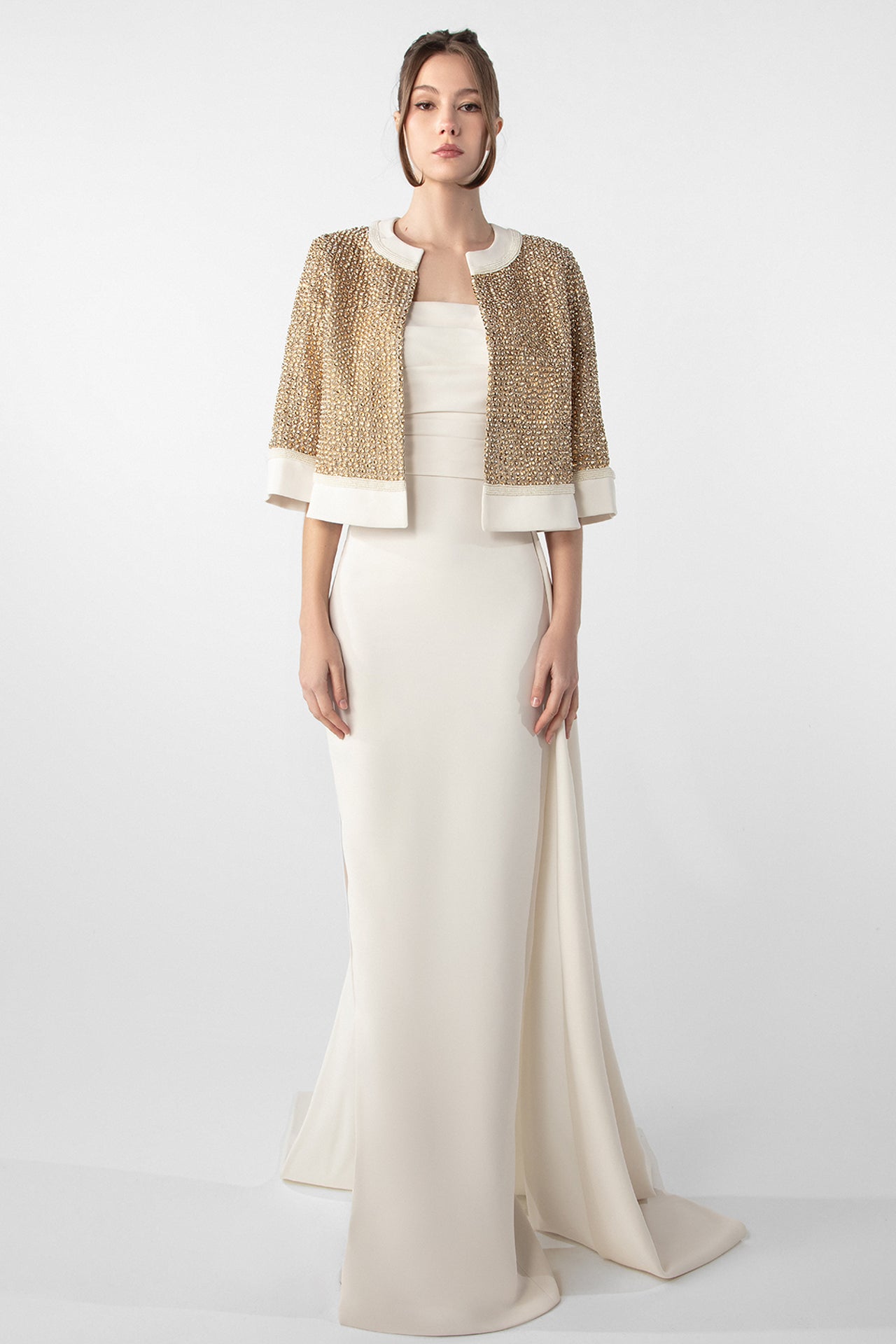 Crepe Dress with Hand-Embroidered Bolero