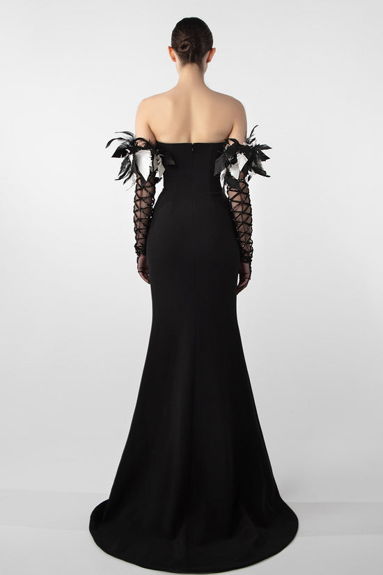 Feather Embellished Crepe Gown