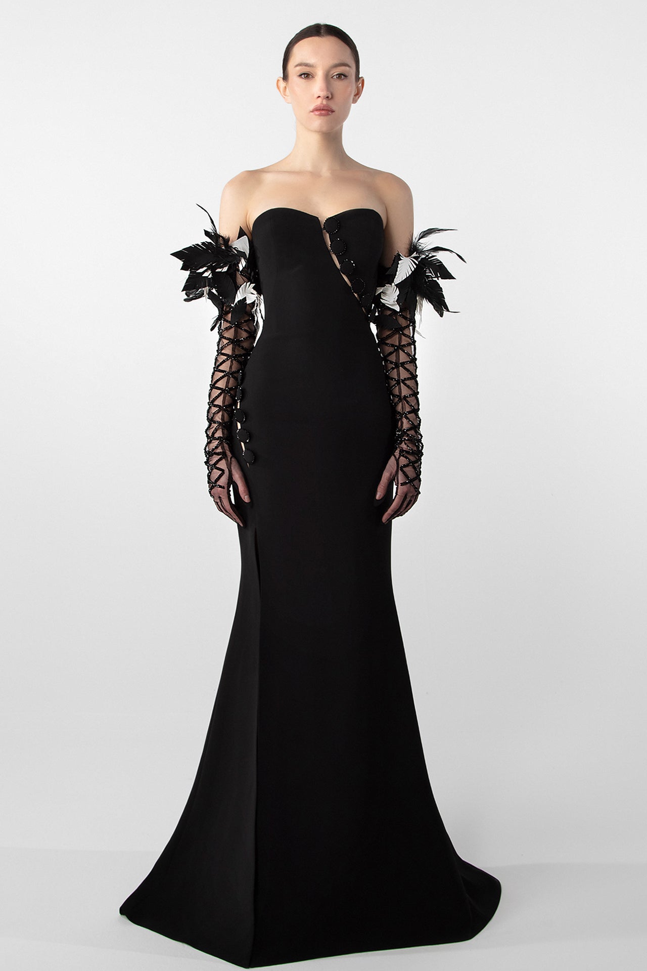 Feather Embellished Crepe Gown