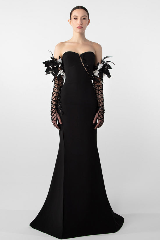 Feather Embellished Crepe Gown